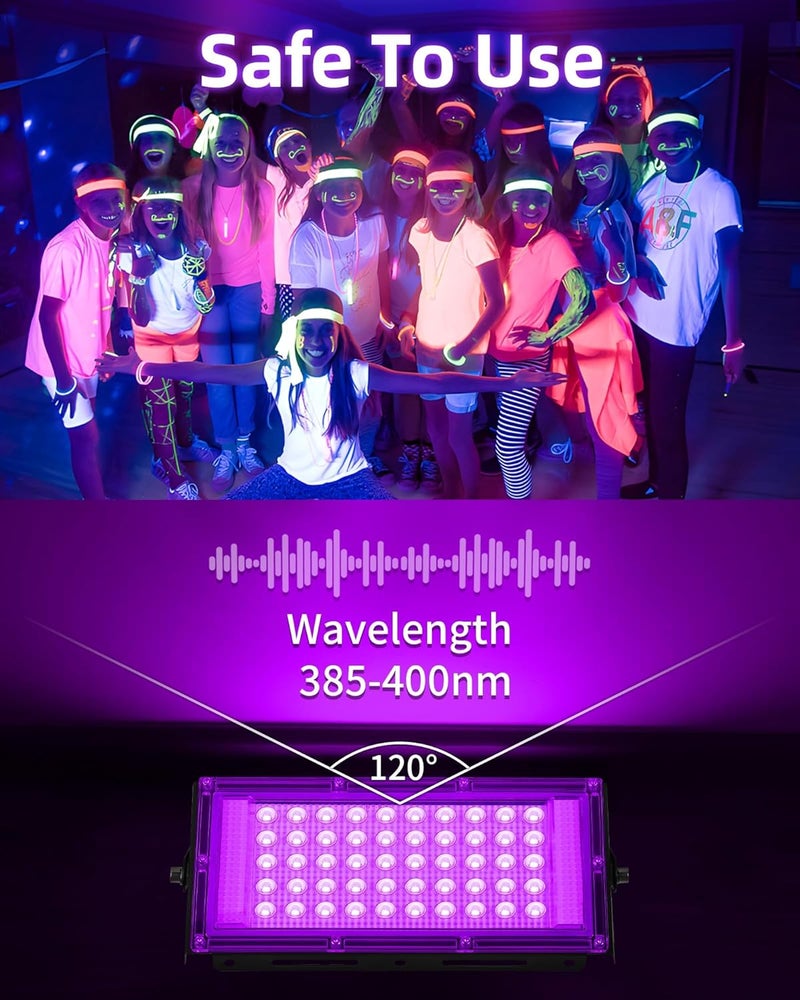 THECHAM Store 50W LED Black Lights IP66 Waterproof Black Light Outdoor with 5.9ft Plug+Switch, Flood Blacklight for Halloween Glow in The Dark Party Stage Light Neon Glow Birthday 4 Pack - Image 5